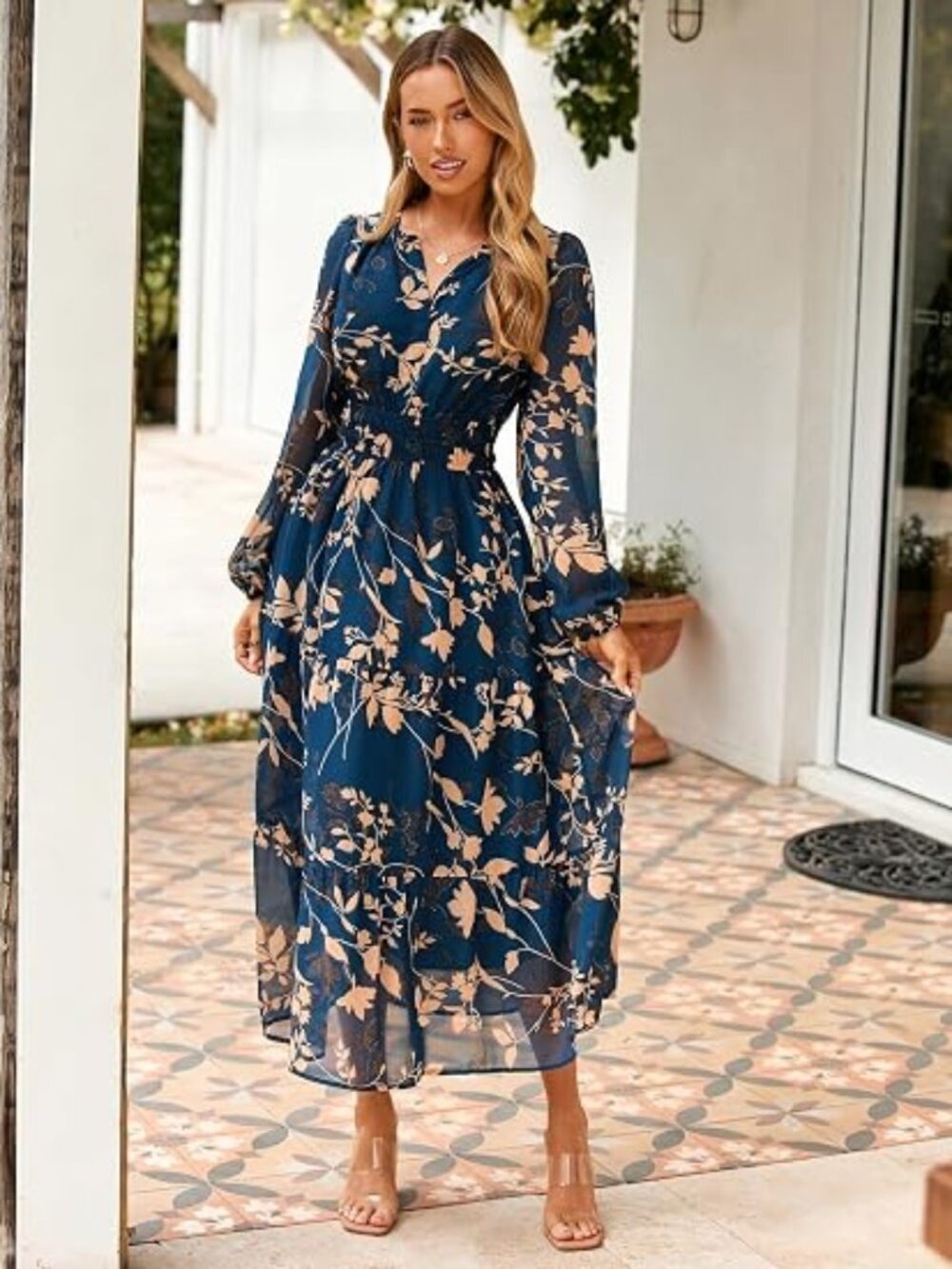 Women's Floral Boho Long Sleeve Maxi Dress V Neck Empire Waist Swing Flowy Weddi